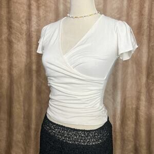 Vintage 90s Shameless Faux Wrap Top White Butterfly Sleeve V Neck Fitted Soft